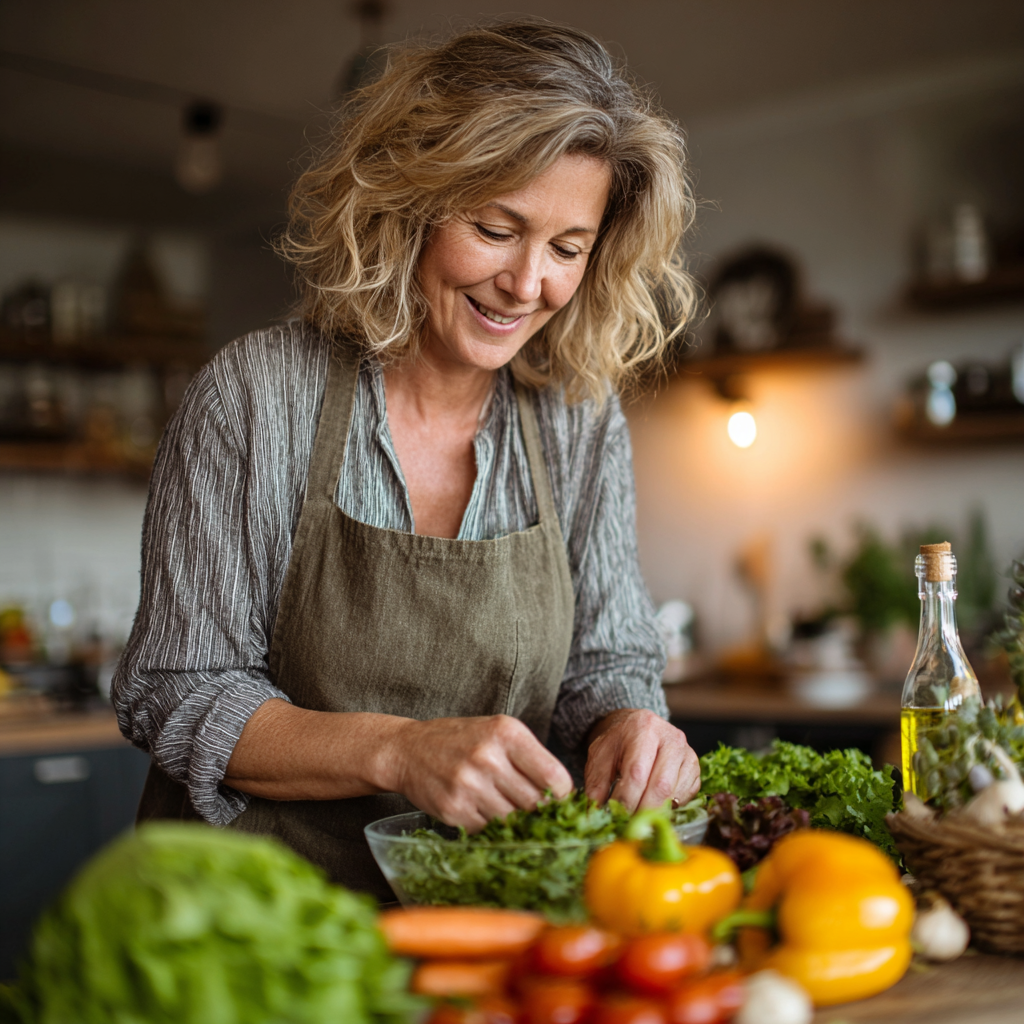 Happy middle-aged woman around 45 years old preparing a healthy colorful salad in a bright modern kitchen, smiling while arranging fresh vegetables and greens