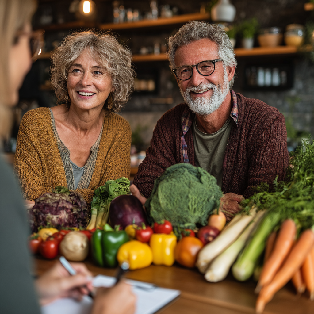 Mature couple in their 50s consulting with a nutritionist, discussing healthy meal plans at a modern wellness center with fresh vegetables and fruits on the table